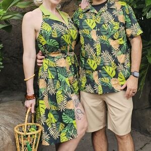 Tropical Leaf Print Playsuit With Overskirt and Shirt Set